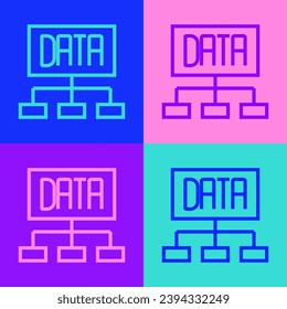 Pop art line Datenanalyse Symbol einzeln auf Farbhintergrund. Analyse von Unternehmensdaten, Statistiken. Diagramme und Diagramme.  Vektorgrafik