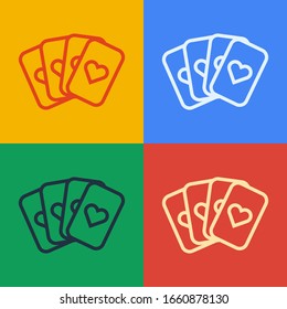 Pop art line Deck of playing cards icon isolated on color background. Casino gambling.  Vector Illustration
