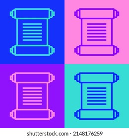 Decreto de línea de arte pop, papel, pergamino, icono de desplazamiento aislado en el fondo de color.  Vector