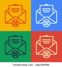 Pop art line Delete envelope icon isolated on color background. Delete or error letter. Cross on message. Rejected mail.  Vector Illustration