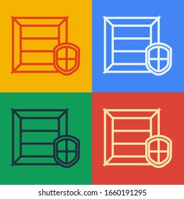 Línea de arte pop Seguridad del paquete de entrega con icono de escudo aislado en fondo de color. Seguro de entrega. Caja de cartón asegurada más allá de la pantalla. Ilustración vectorial