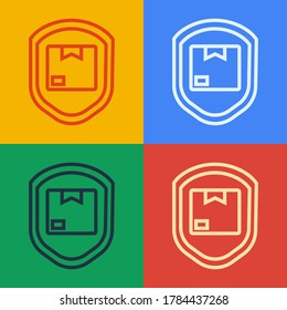 Línea de arte pop Seguridad del paquete de entrega con icono de escudo aislado en el fondo de color. Seguro de entrega. Cajas de cartón aseguradas más allá del escudo.  Ilustración vectorial