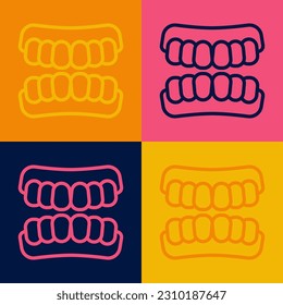 Pop art line Dentures model icon isolated on color background. Teeth of the upper jaw. Dental concept.  Vector