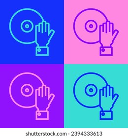 Pop art line DJ playing music icon isolated on color background.  Vector