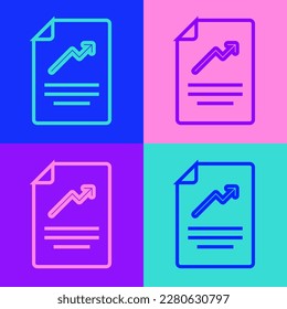 Pop art line Document with graph chart icon isolated on color background. Report text file icon. Accounting sign. Audit, analysis, planning.  Vector