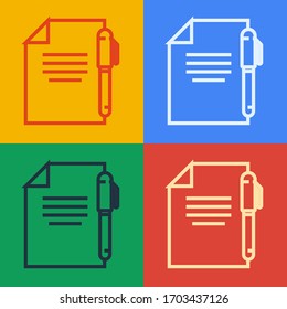 Pop Art Line Dokument und Stift Symbol einzeln auf Farbhintergrund.Dateisymbol. Checkliste-Symbol. Geschäftskonzept. Vektorillustration-Illustration