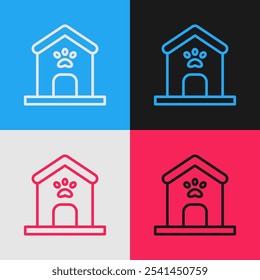 Pop art line Dog house and paw print pet icon isolated on color background. Dog kennel.  Vector