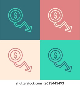 Pop art line Dollar rate decrease icon isolated on color background. Cost reduction. Money symbol with down arrow. Business lost crisis decrease.  Vector
