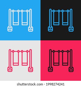 Pop art line Double swing for kids summer games on playground icon isolated on color background. Outdoor entertainment equipment.  Vector