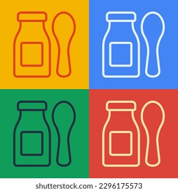 Pop art line Drinking yogurt in bottle with spoon icon isolated on color background. Baby food.  Vector