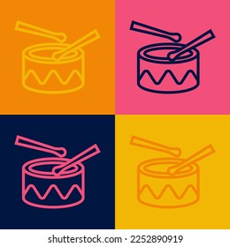 Pop art line Drum with drum sticks icon isolated on color background. Music sign. Musical instrument symbol.  Vector