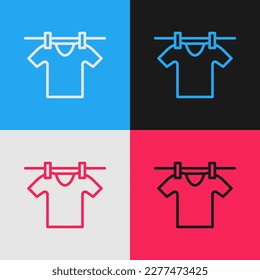 Pop art line Drying clothes icon isolated on color background. Clean shirt. Wash clothes on a rope with clothespins. Clothing care and tidiness.  Vector