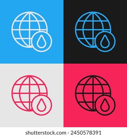 Pop art line Earth planet in water drop icon isolated on color background. World globe. Saving water and world environmental protection.  Vector