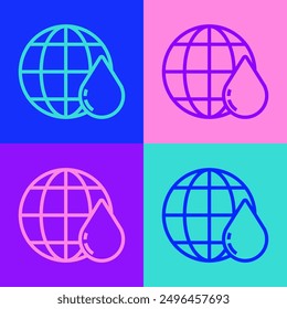 Pop art line Earth planet in water drop icon isolated on color background. World globe. Saving water and world environmental protection.  Vector Illustration