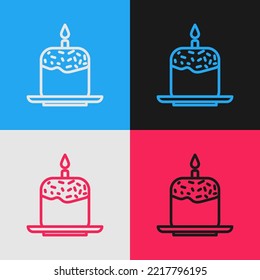 Pop art line Easter cake and candle icon isolated on color background. Happy Easter.  Vector Illustration