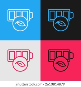 Pop art line Eco nature leaf and battery icon isolated on color background. Energy based on ecology saving concept.  Vector