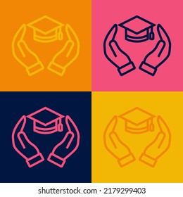 Pop Art Line Education Grant Icon Isolated On Color Background. Tuition Fee, Financial Education, Budget Fund, Scholarship Program, Graduation Hat.  Vector