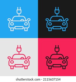 Pop art line Electric car and electrical cable plug charging icon isolated on color background. Renewable eco technologies.  Vector
