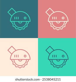 Pop art line Electric circular saw with steel toothed disc icon isolated on color background. Electric hand tool for cutting wood or metal.  Vector