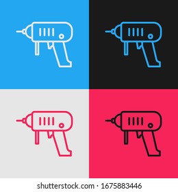 Pop art line Electric drill machine icon isolated on color background. Repair tool.  Vector Illustration