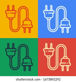 Pop art line Electric plug icon isolated on color background. Concept of connection and disconnection of the electricity.  Vector Illustration