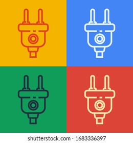 Pop art line Electric plug icon isolated on color background. Concept of connection and disconnection of the electricity.  Vector Illustration