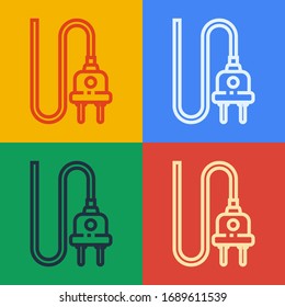 Pop art line Electric plug icon isolated on color background. Concept of connection and disconnection of the electricity.  Vector Illustration