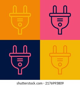 Pop art line Electric plug icon isolated on color background. Concept of connection and disconnection of the electricity.  Vector