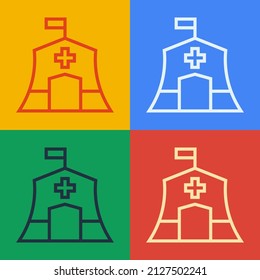 Pop Art Line Emergency Medical Tent Icon Isolated On Color Background. Provide Disaster Relief.  Vector