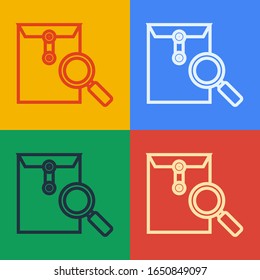 Pop art line Envelope mail with magnifying glass icon isolated on color background.  Vector Illustration