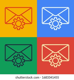Pop art line Envelope setting icon isolated on color background.  Vector Illustration