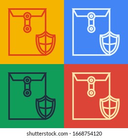 Sobre de línea de arte pop con icono de escudo aislado en fondo de color.Concepto de seguro. Concepto de seguridad, protección, protección. Ilustración vectorial