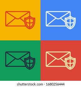 Sobre de línea de arte pop con icono de escudo aislado en fondo de color. Concepto de seguro. Concepto de seguridad, protección, protección. Ilustración vectorial