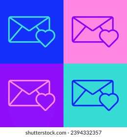 Pop art line Envelope with Valentine heart icon isolated on color background. Message love. Letter love and romance.  Vector