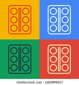 Pop art line Eye shadow palette with brush icon isolated on color background.  Vector Illustration