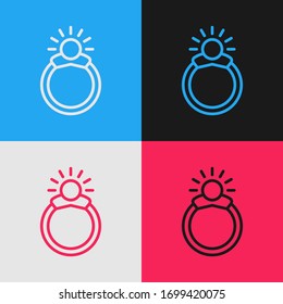 Pop art line Fantasy magic stone ring with gem icon isolated on color background.  Vector Illustration