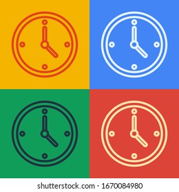 Pop art line Fast time delivery icon isolated on color background. Timely service, stopwatch in motion, deadline concept, clock speed.  Vector Illustration