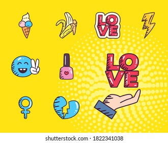 pop art line and fill style set icon design of retro expression comic theme Vector illustration