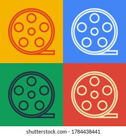 Pop art line Film reel icon isolated on color background.  Vector Illustration