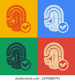 Pop art line Fingerprint with check mark icon isolated on color background. ID app icon. Identification sign. Touch id.  Vector