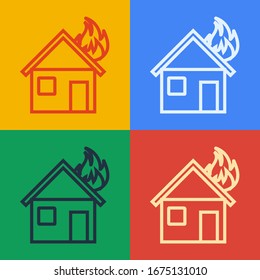 Pop art line Feuer in brennendem Haus Symbol einzeln auf Farbhintergrund. Vektorillustration-Illustration