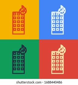 Pop art line Fire in burning building on city street icon isolated on color background.  Vector Illustration