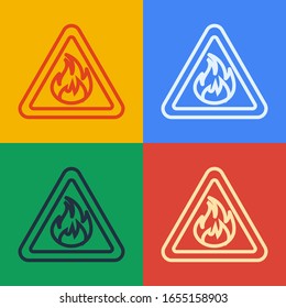 Pop art line Fire flame in triangle icon isolated on color background. Warning sign of flammable product.  Vector Illustration