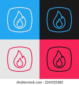 Pop art line Fire flame icon isolated on color background.  Vector