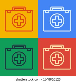 Línea de arte pop Icono de kit de primeros auxilios aislado en fondo de color. Caja médica con cruz. Equipo médico de emergencia. Concepto de salud.  Ilustración vectorial