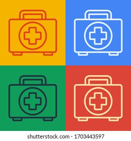 Pop art line First aid kit icon isolated on color background. Medical box with cross. Medical equipment for emergency. Healthcare concept.  Vector Illustration