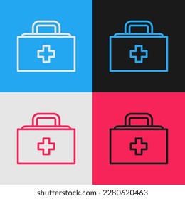 Pop art line First aid kit icon isolated on color background. Medical box with cross. Medical equipment for emergency. Healthcare concept.  Vector Illustration
