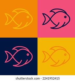 Pop art line Fish icon isolated on color background.  Vector