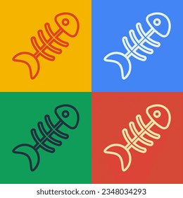 Pop art line Fish skeleton icon isolated on color background. Fish bone sign.  Vector