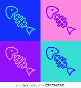 Pop art line Fish skeleton icon isolated on color background. Fish bone sign.  Vector